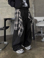 格紋層次 打摺 寬版 棉質 長褲 / 2色 - WHATEVER STUDIO