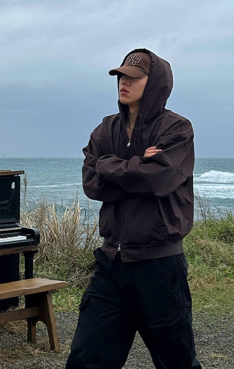 重磅 工裝 水洗 雙拉鍊 連帽 外套 / 2色 - WHATEVER STUDIO