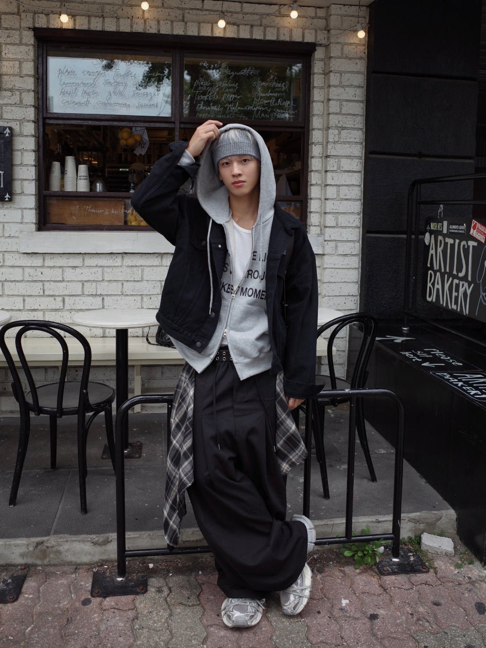 格紋層次 打摺 寬版 棉質 長褲 / 2色 - WHATEVER STUDIO