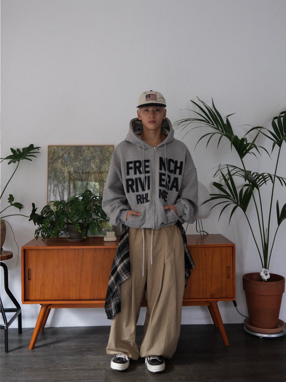 格紋層次 打摺 寬版 棉質 長褲 / 2色 - WHATEVER STUDIO