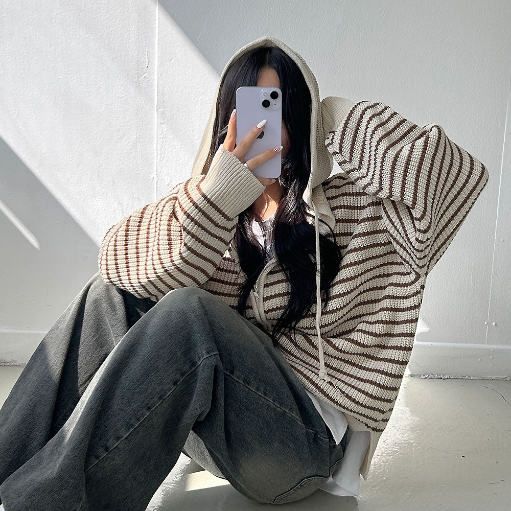 雙拉鍊 條紋 連帽 針織 外套 / 3色