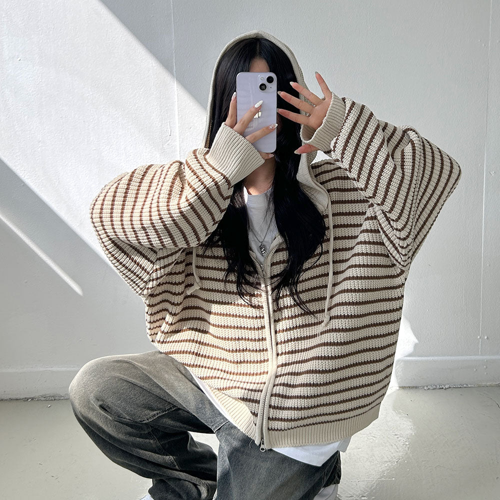 雙拉鍊 條紋 連帽 針織 外套 / 3色