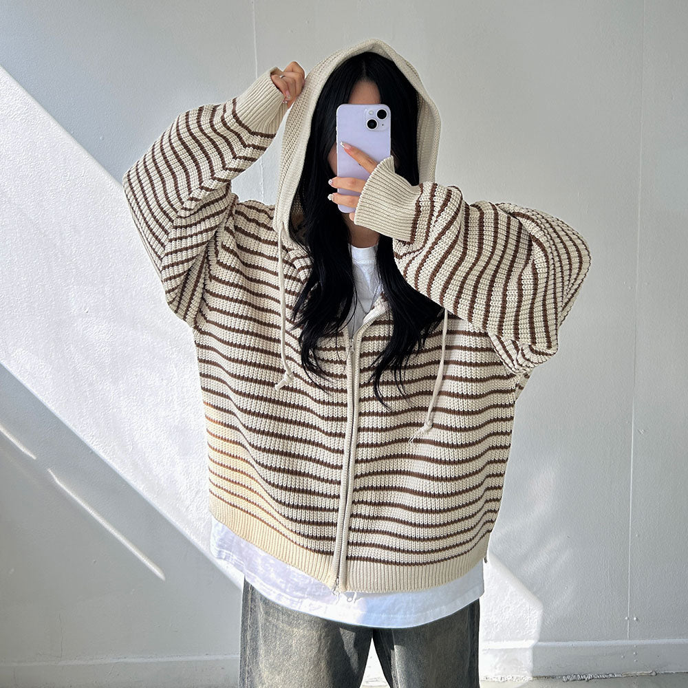 雙拉鍊 條紋 連帽 針織 外套 / 3色