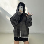 雙拉鍊 條紋 連帽 針織 外套 / 3色