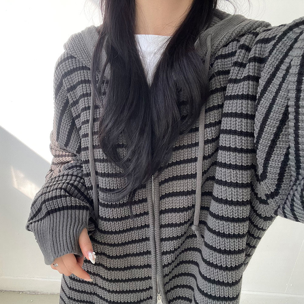 雙拉鍊 條紋 連帽 針織 外套 / 3色