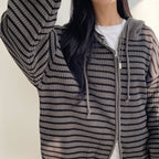 雙拉鍊 條紋 連帽 針織 外套 / 3色