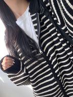 雙拉鍊 條紋 連帽 針織 外套 / 3色