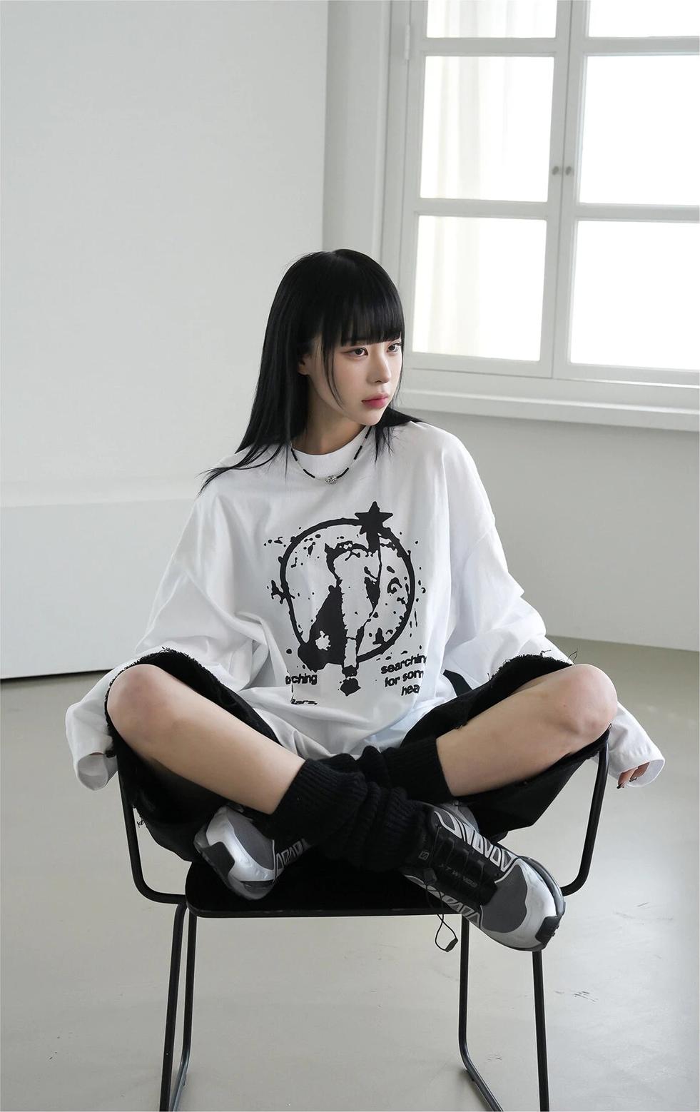 貓咪 摘星 印花 長袖 T恤 / 3色