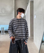 條紋 寬鬆 針織 薄長袖 上衣 / 3色