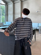 條紋 寬鬆 針織 薄長袖 上衣 / 3色