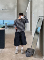 條紋 寬鬆 針織 薄長袖 上衣 / 3色