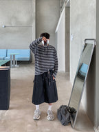 條紋 寬鬆 針織 薄長袖 上衣 / 3色