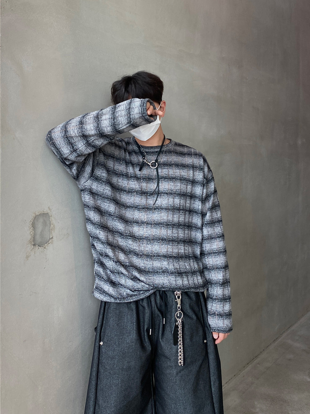 條紋 寬鬆 針織 薄長袖 上衣 / 3色