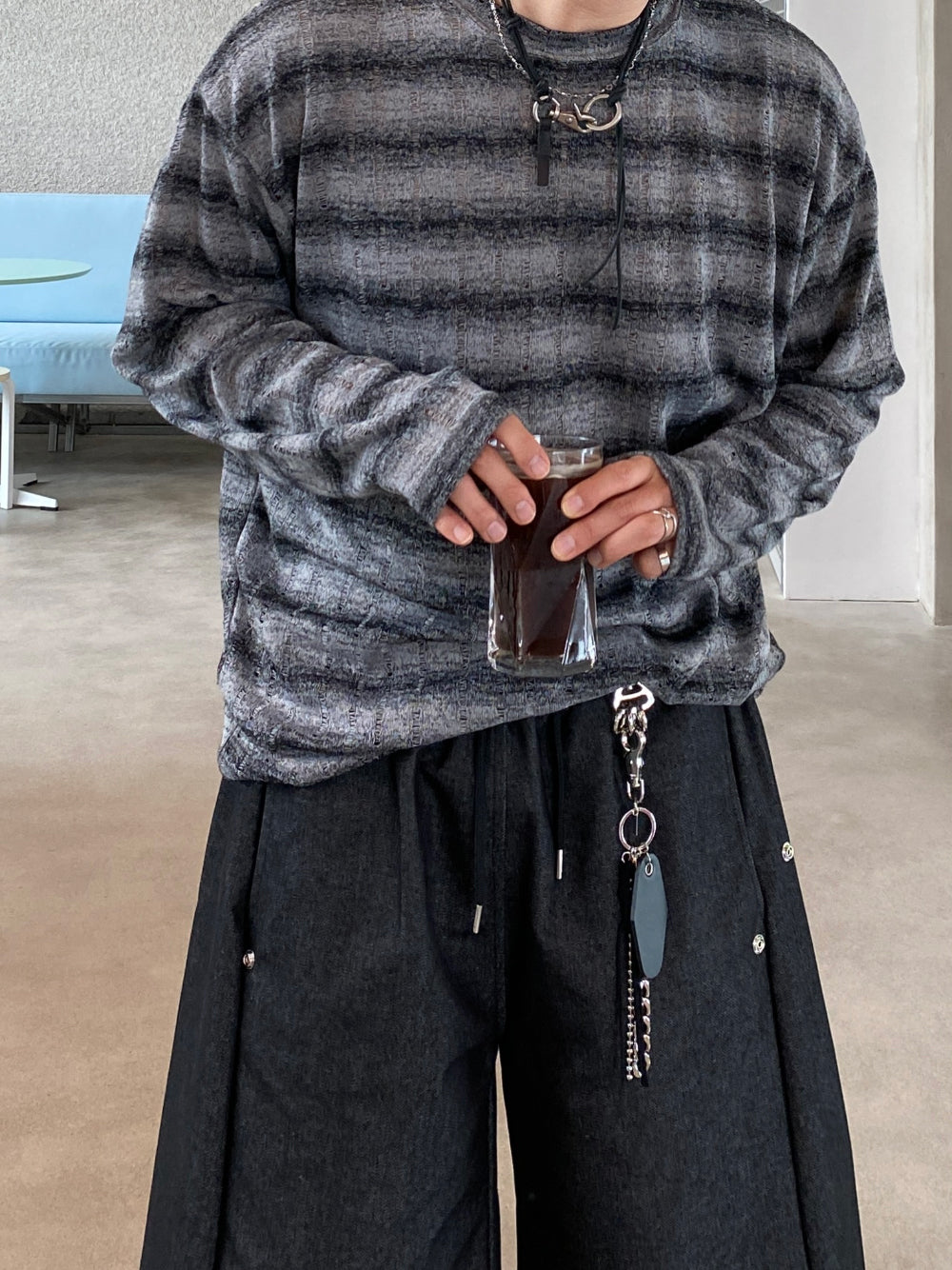 條紋 寬鬆 針織 薄長袖 上衣 / 3色