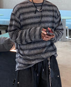 條紋 寬鬆 針織 薄長袖 上衣 / 3色