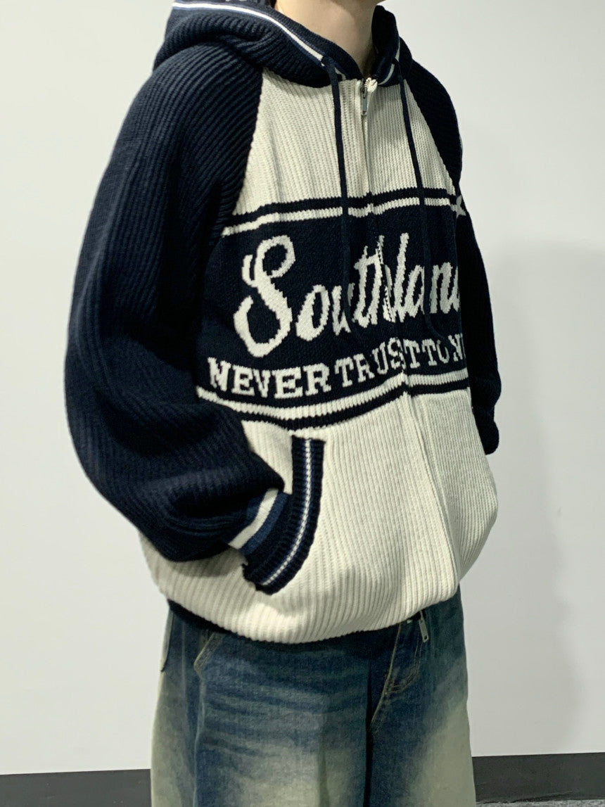 美式 復古 插肩袖 針織 連帽外套 / 2色