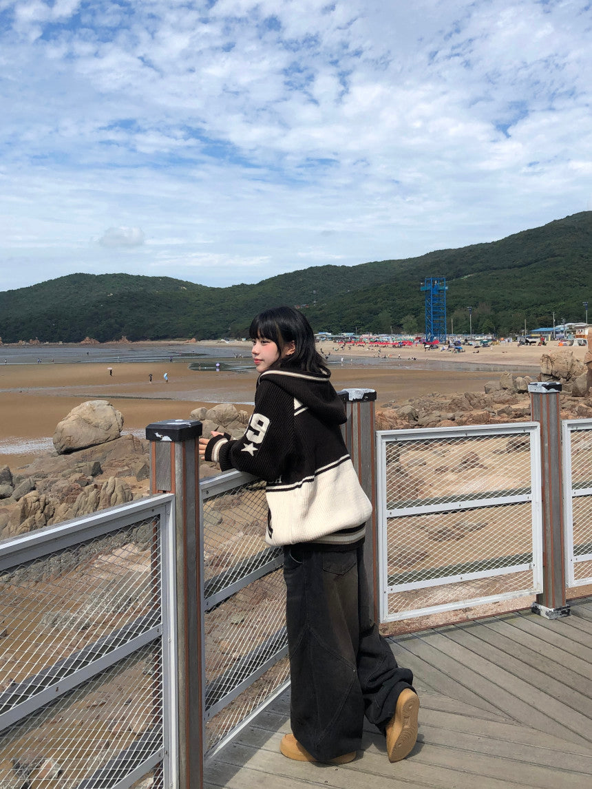 美式 復古 插肩袖 針織 連帽外套 / 2色