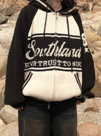 美式 復古 插肩袖 針織 連帽外套 / 2色