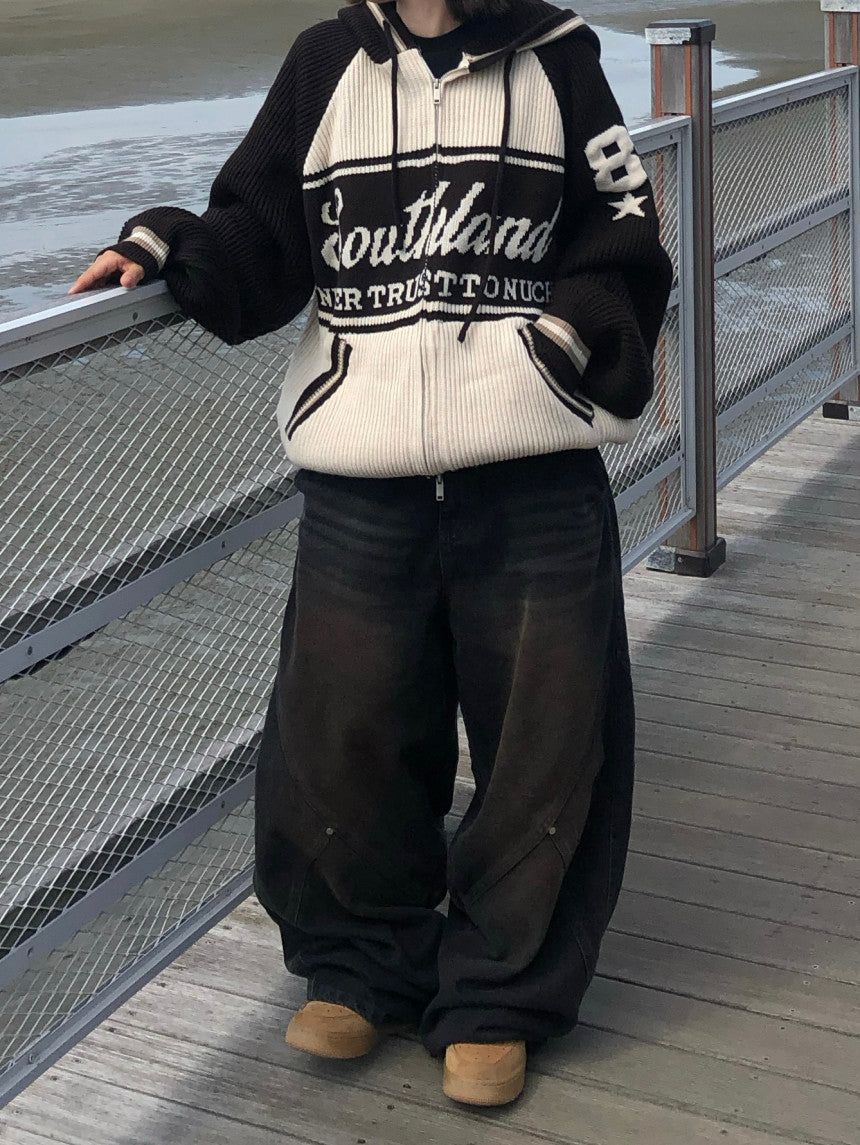 美式 復古 插肩袖 針織 連帽外套 / 2色