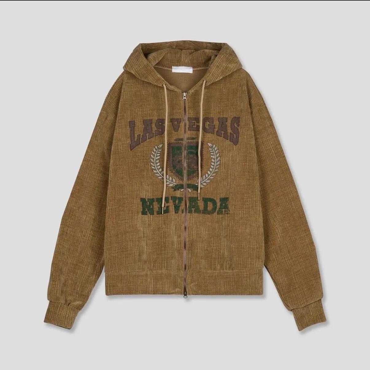 美式 復古 學院風 燈芯絨 刺繡 雙拉鍊 連帽外套