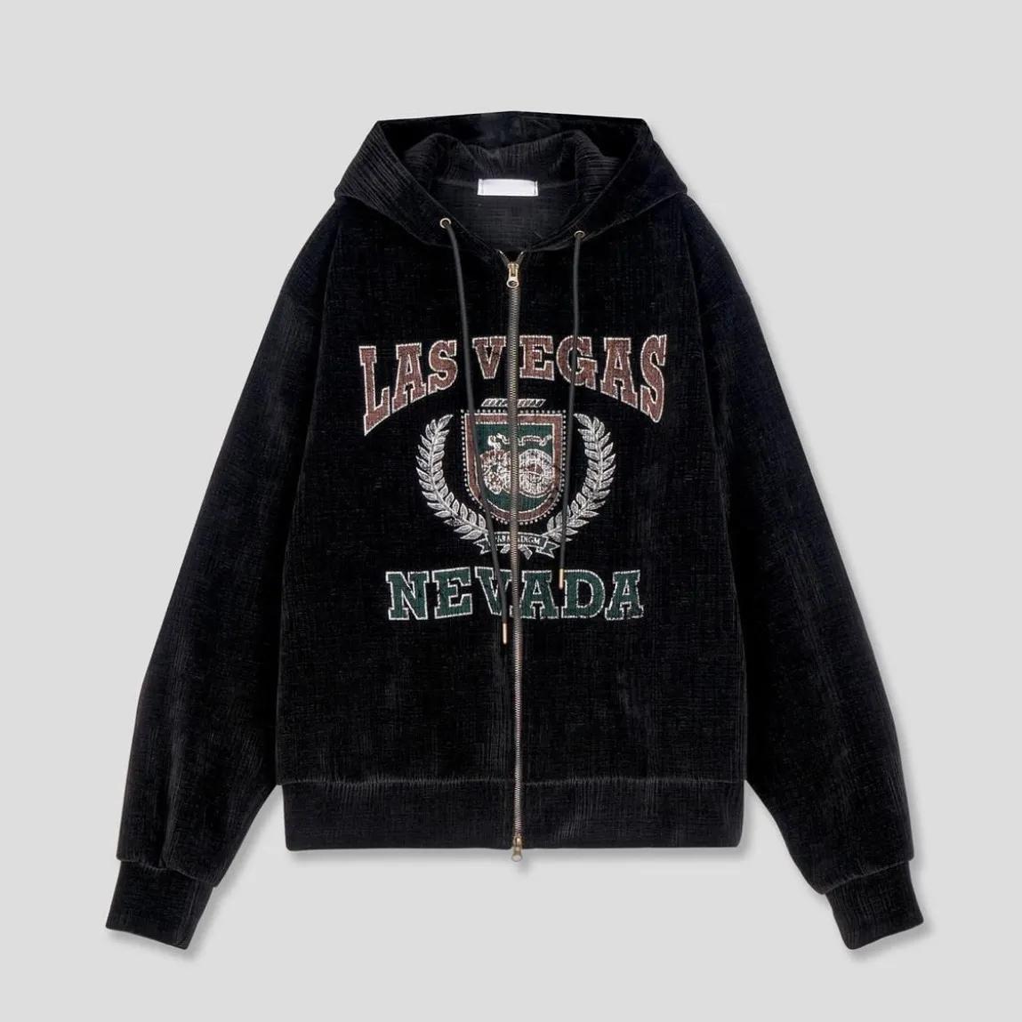 美式 復古 學院風 燈芯絨 刺繡 雙拉鍊 連帽外套