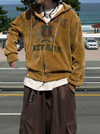 美式 復古 學院風 燈芯絨 刺繡 雙拉鍊 連帽外套