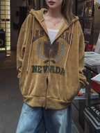 美式 復古 學院風 燈芯絨 刺繡 雙拉鍊 連帽外套