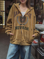 美式 復古 學院風 燈芯絨 刺繡 雙拉鍊 連帽外套