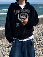 美式 復古 學院風 燈芯絨 刺繡 雙拉鍊 連帽外套