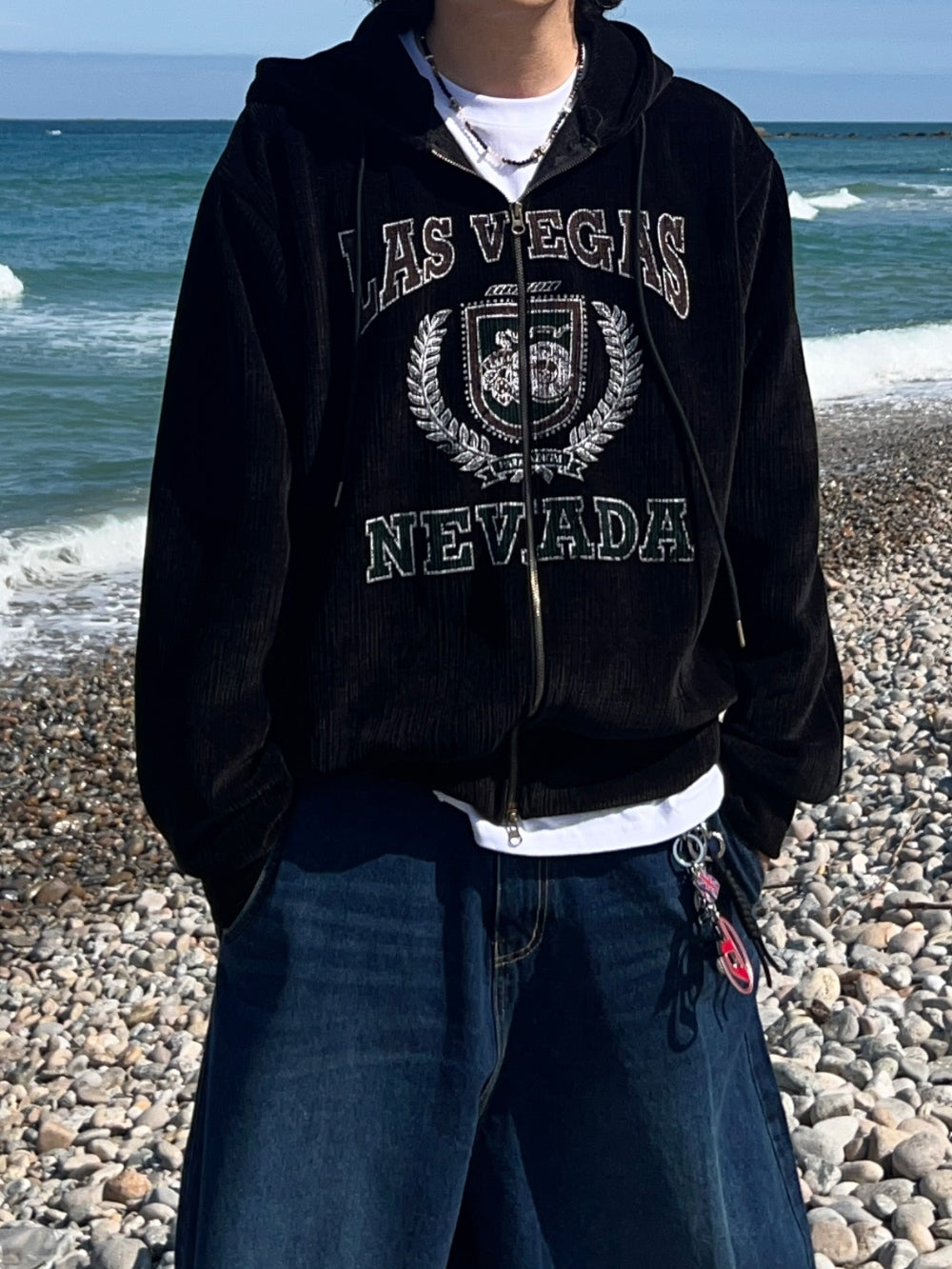 美式 復古 學院風 燈芯絨 刺繡 雙拉鍊 連帽外套