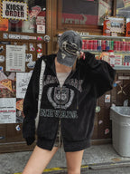 美式 復古 學院風 燈芯絨 刺繡 雙拉鍊 連帽外套