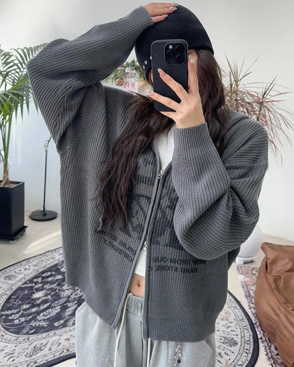 星星 字母印花 雙拉鍊 連帽 針織外套 / 4色