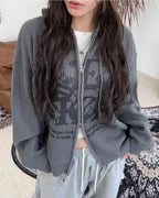 星星 字母印花 雙拉鍊 連帽 針織外套 / 4色