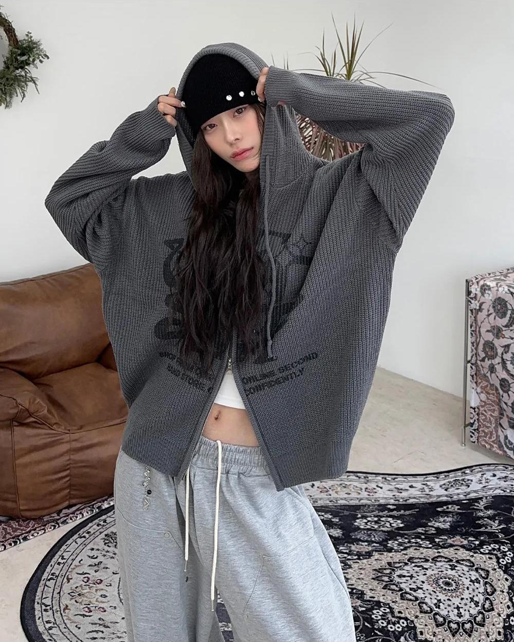 星星 字母印花 雙拉鍊 連帽 針織外套 / 4色