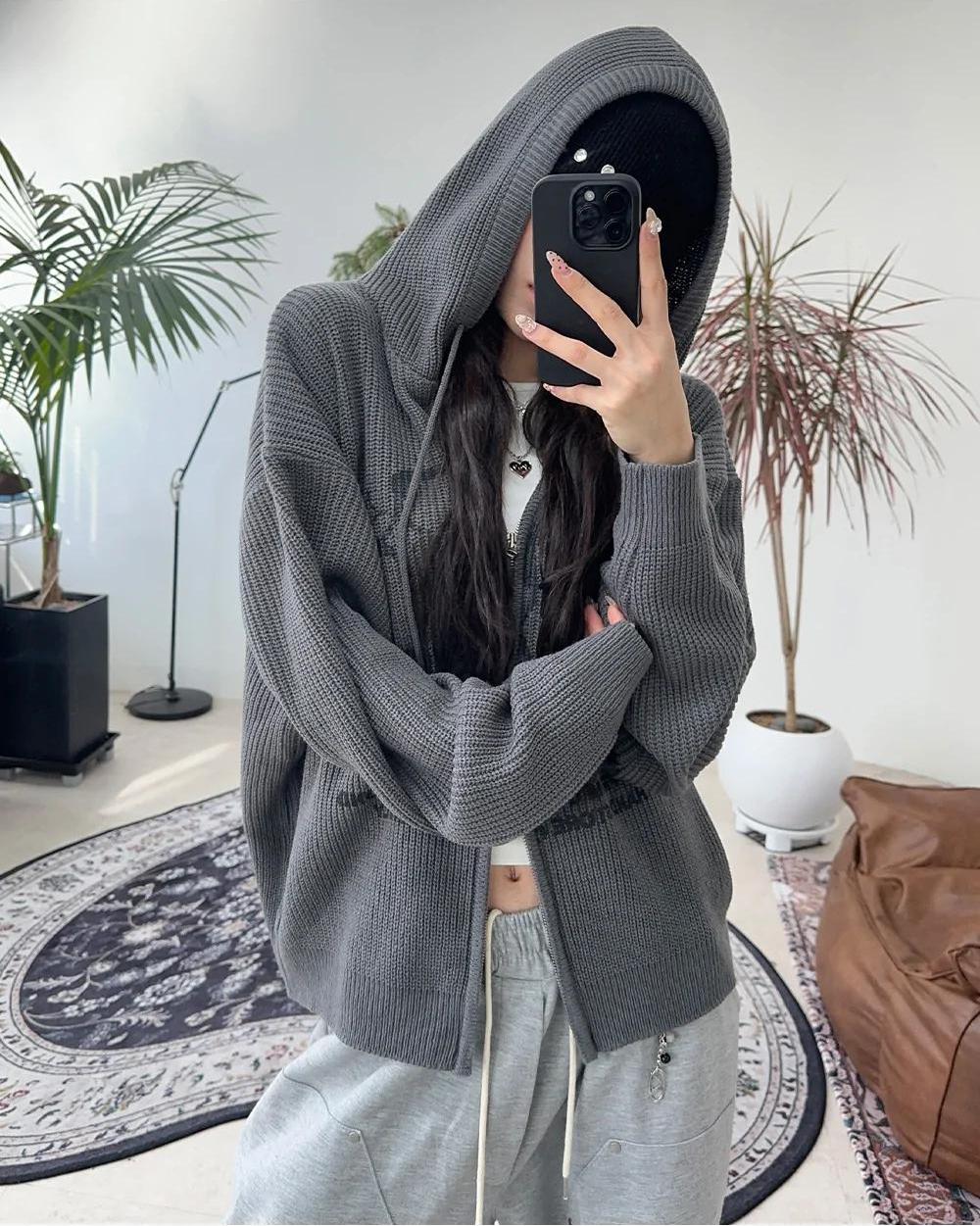 星星 字母印花 雙拉鍊 連帽 針織外套 / 4色