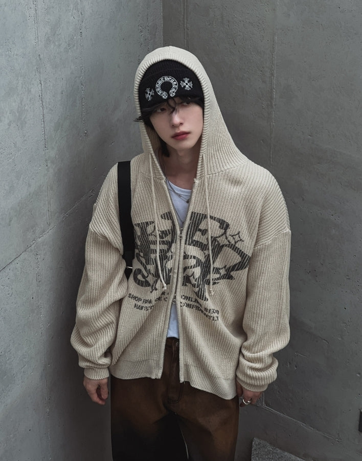 星星 字母印花 雙拉鍊 連帽 針織外套 / 4色