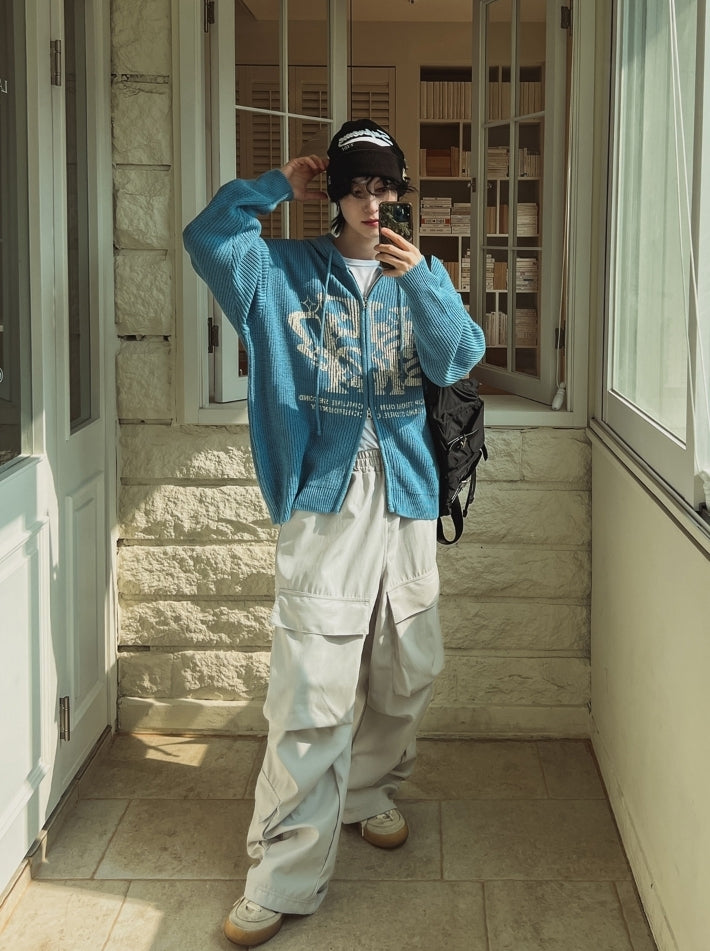 星星 字母印花 雙拉鍊 連帽 針織外套 / 4色