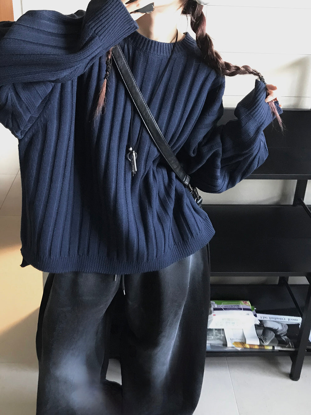 寬鬆 直坑條紋 圓領 針織上衣 / 5色