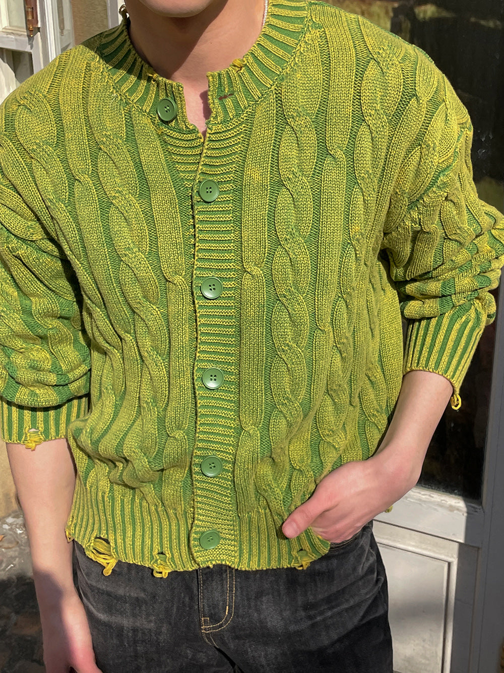 仿舊 提花 破壞 短版 針織外套 / 4色