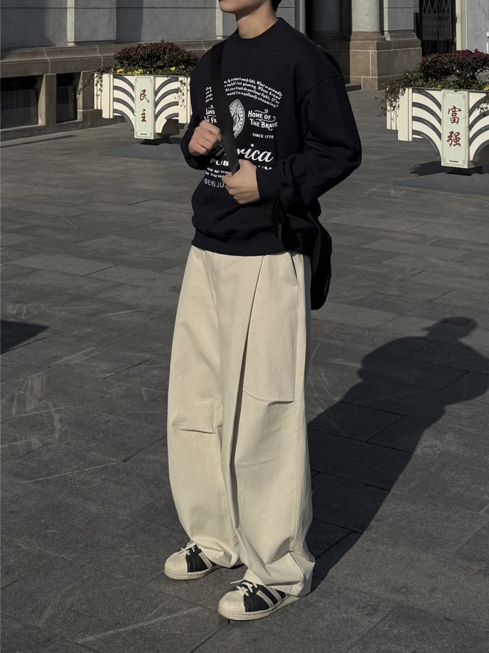 側摺 弧形剪裁 棉質 長褲 / 4色