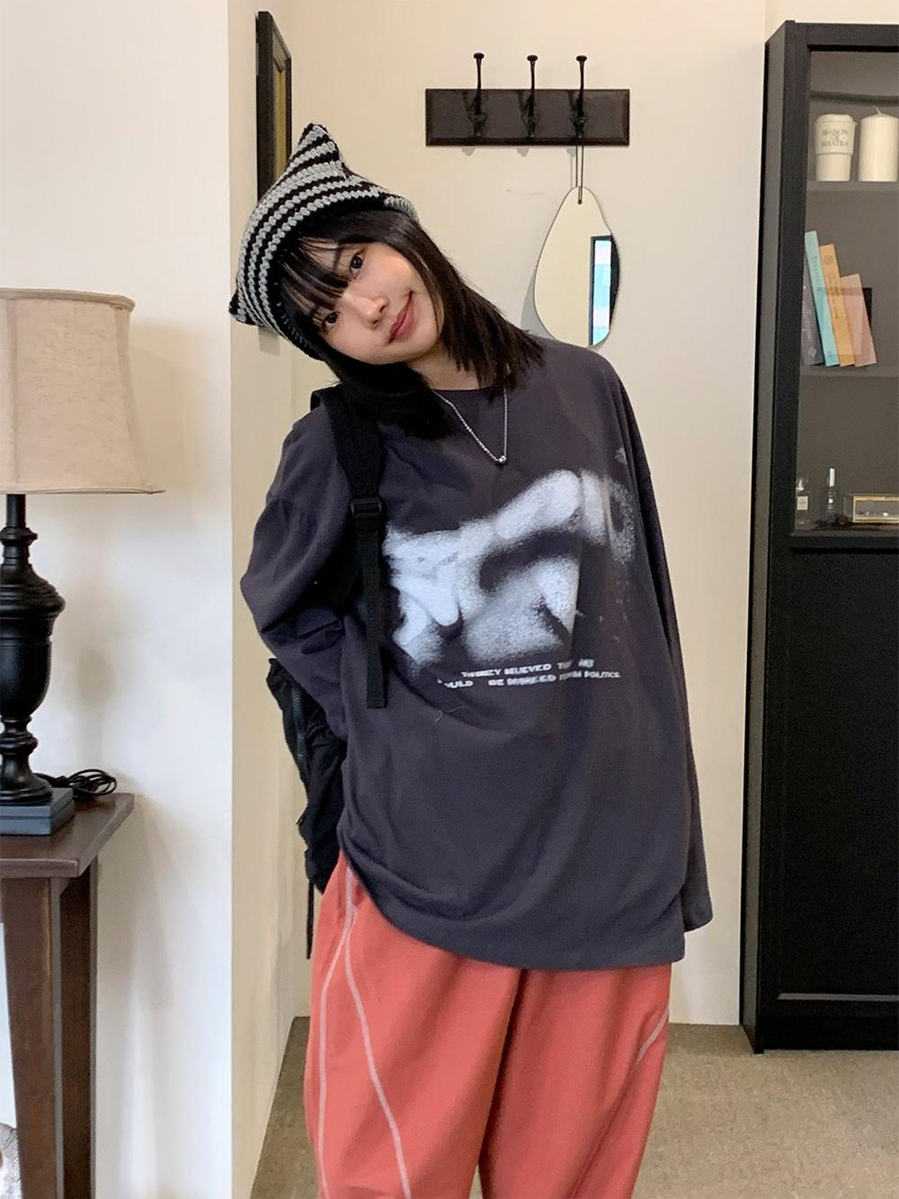 暈染 文字 印花 寬鬆 長袖T / 4色