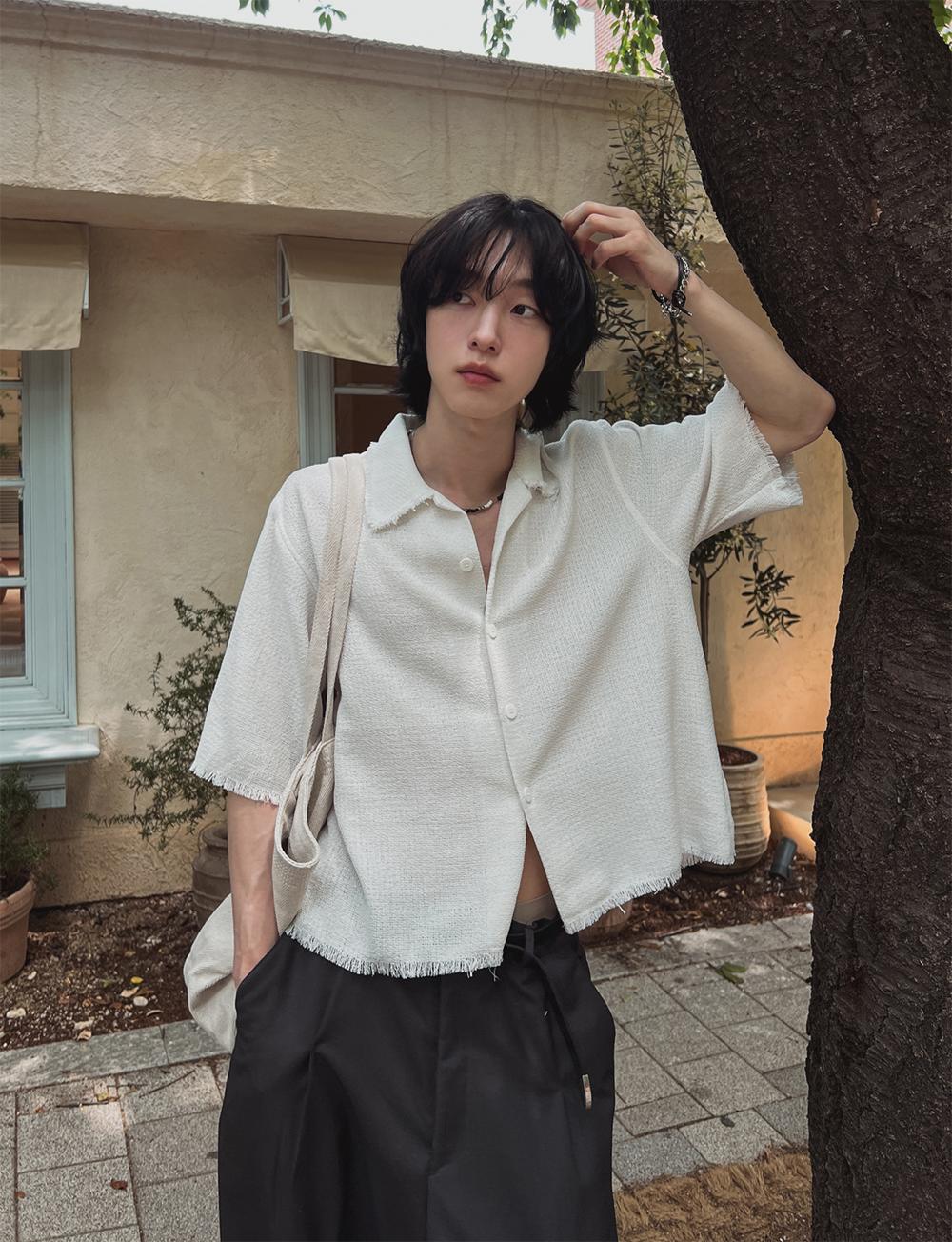 粗花呢 抽鬚 五分袖 短版 襯衫 / 2色