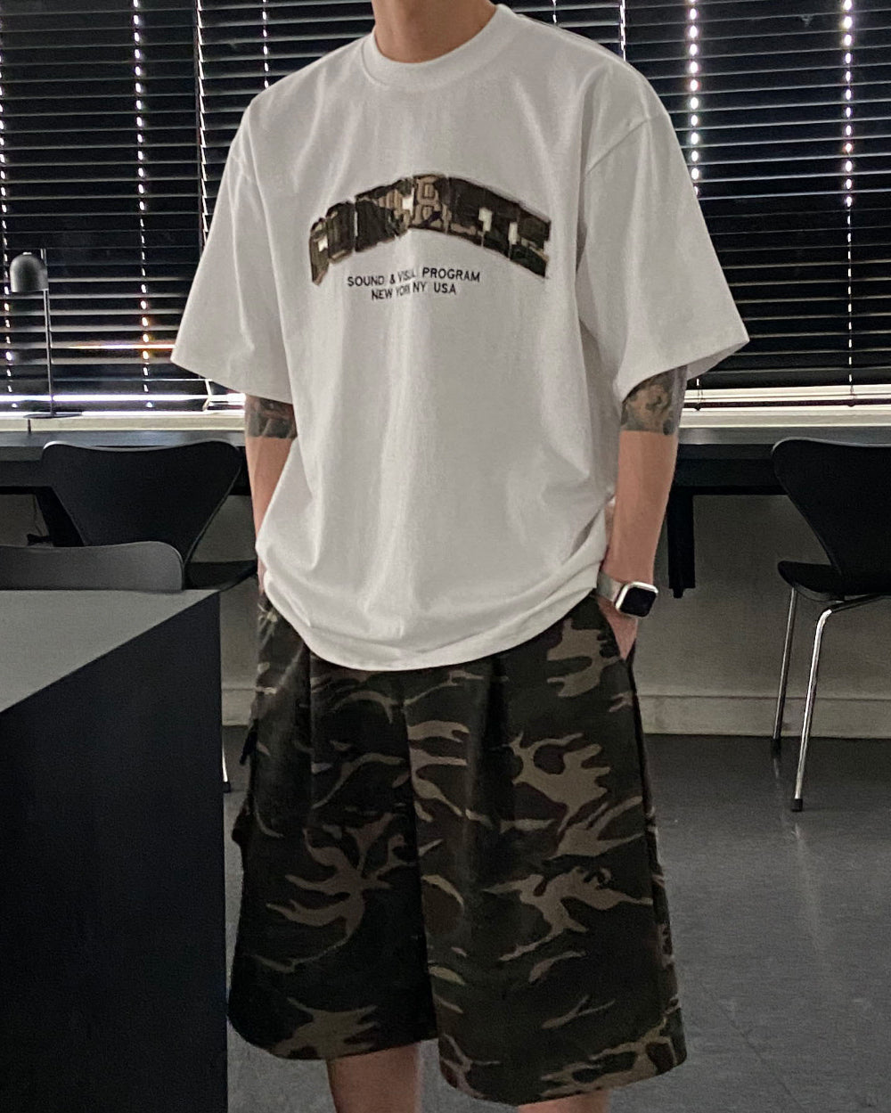 迷彩 刺繡 厚磅 寬鬆 短袖 上衣 / 2色