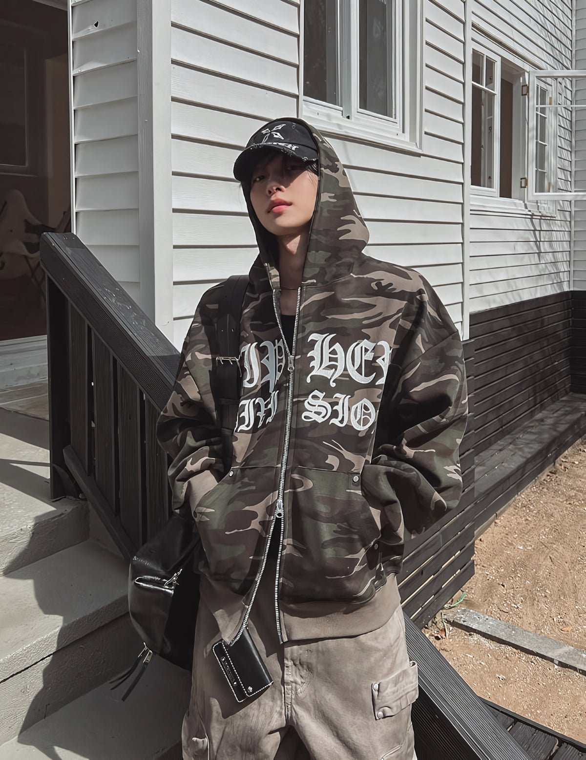 迷彩 哥德字體 雙拉鍊 連帽 外套 / 2色