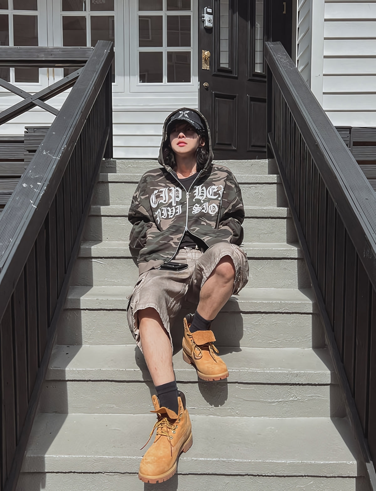 迷彩 哥德字體 雙拉鍊 連帽 外套 / 2色