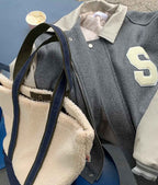 羊羔絨 拼接 帆布 寬底 肩背 托特包