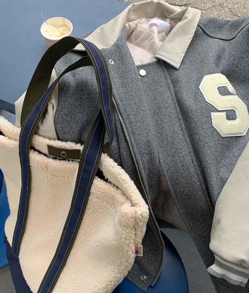 羊羔絨 拼接 帆布 寬底 肩背 托特包