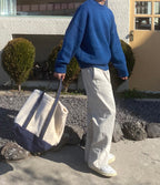 羊羔絨 拼接 帆布 寬底 肩背 托特包