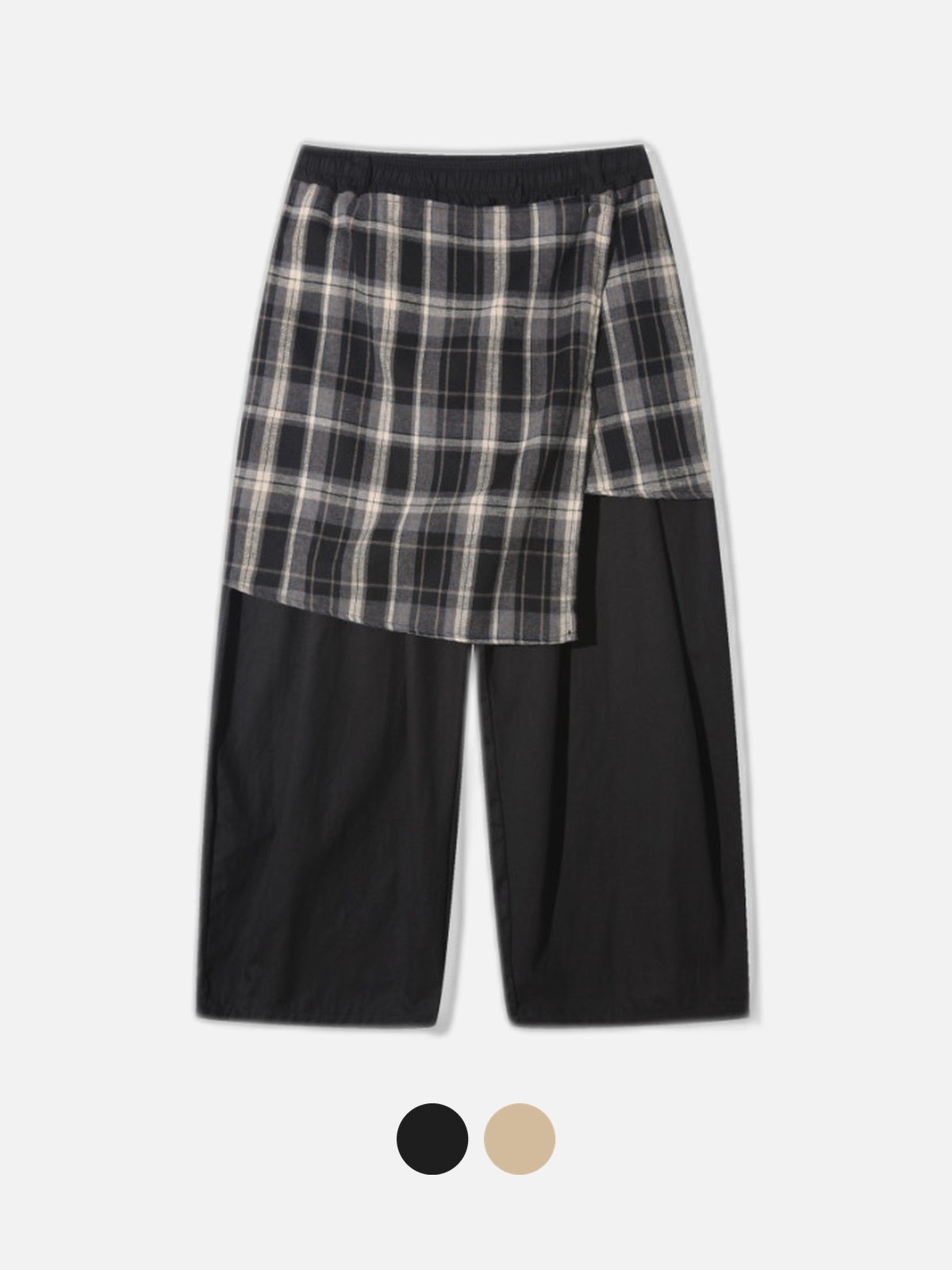 格紋層次 打摺 寬版 棉質 長褲 / 2色