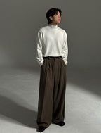 羊毛混紡 打褶 冬季 寬版 落地 西裝褲 / 2色